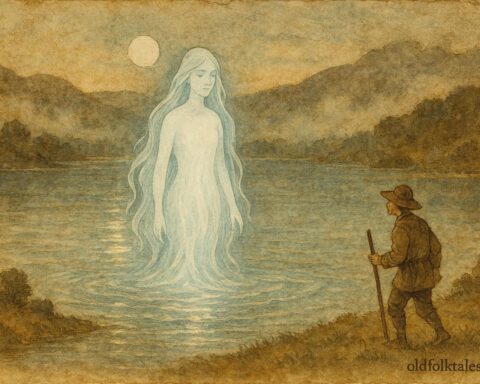 An illustration of the Lady of Llangorse Lake appearing to a respectful farmer, Welsh folklore scene.