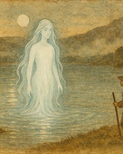 An illustration of the Lady of Llangorse Lake appearing to a respectful farmer, Welsh folklore scene.