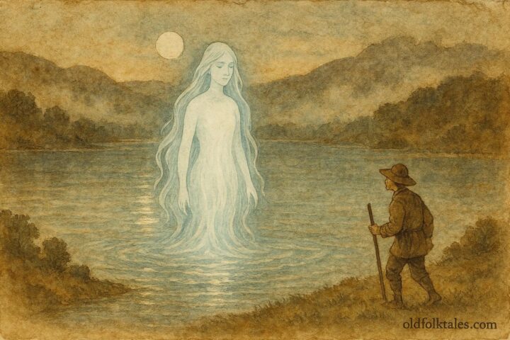 An illustration of the Lady of Llangorse Lake appearing to a respectful farmer, Welsh folklore scene.