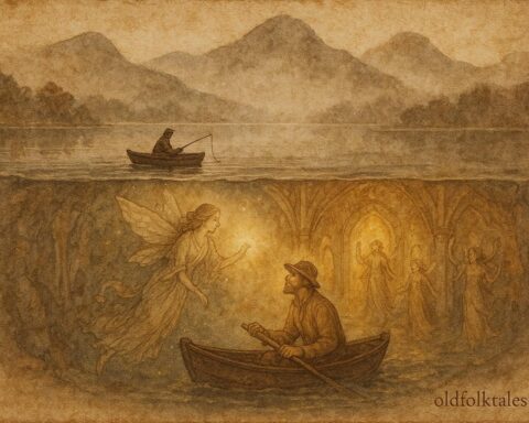 An illustration of fisherman entering fairy palace beneath Killarney lake.