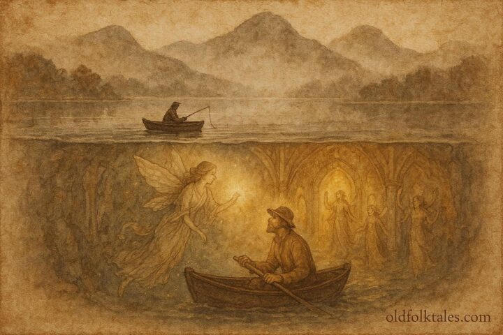 An illustration of fisherman entering fairy palace beneath Killarney lake.