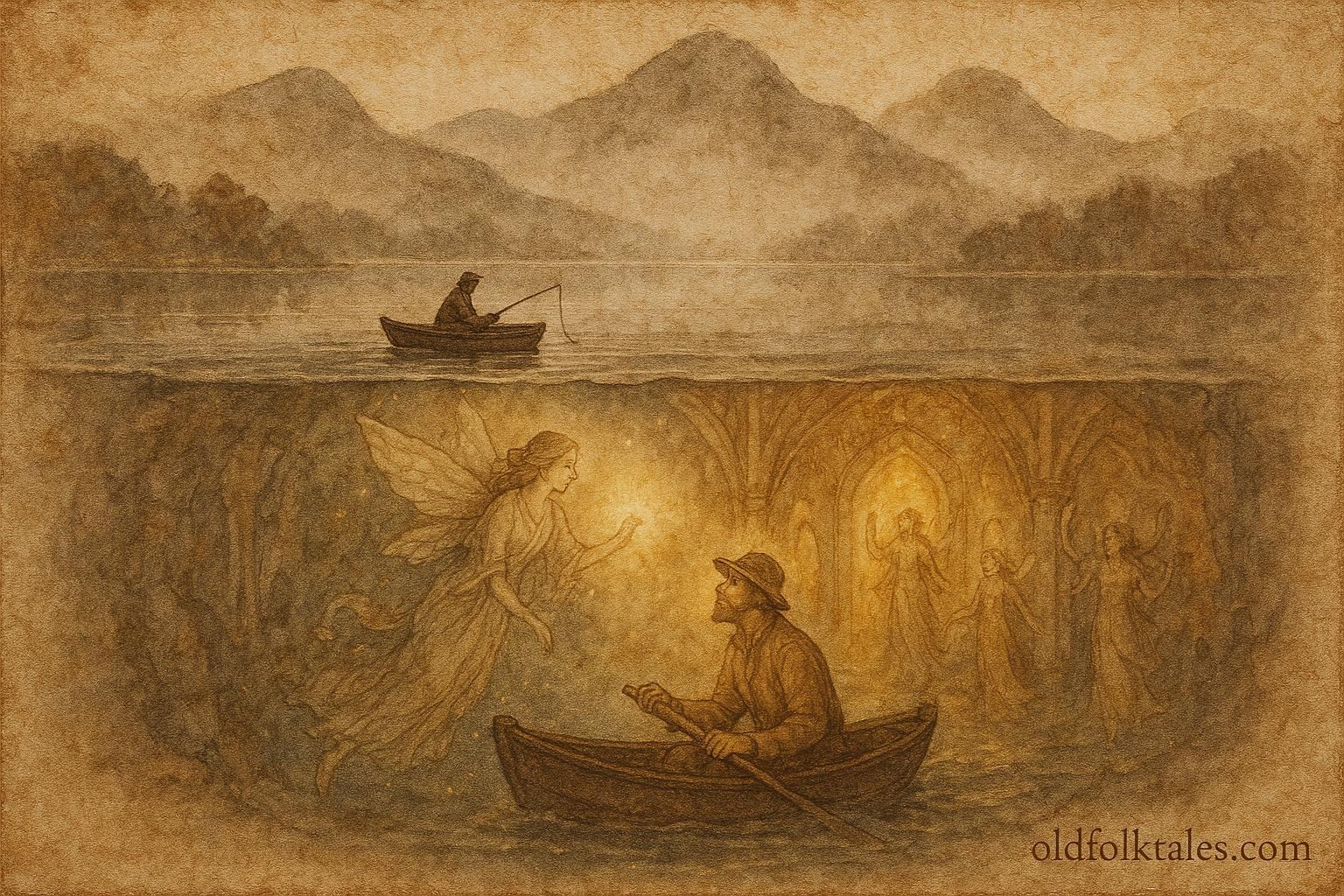 An illustration of fisherman entering fairy palace beneath Killarney lake.