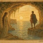 An illustration of Calypso and Odysseus in a Maltese sea cave.