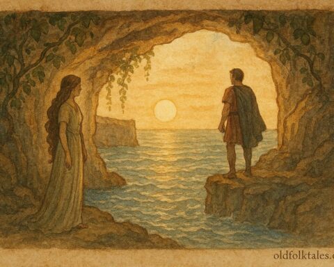 An illustration of Calypso and Odysseus in a Maltese sea cave.