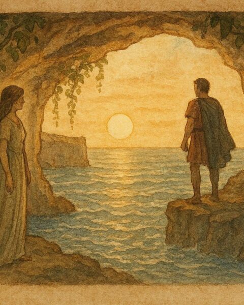 An illustration of Calypso and Odysseus in a Maltese sea cave.