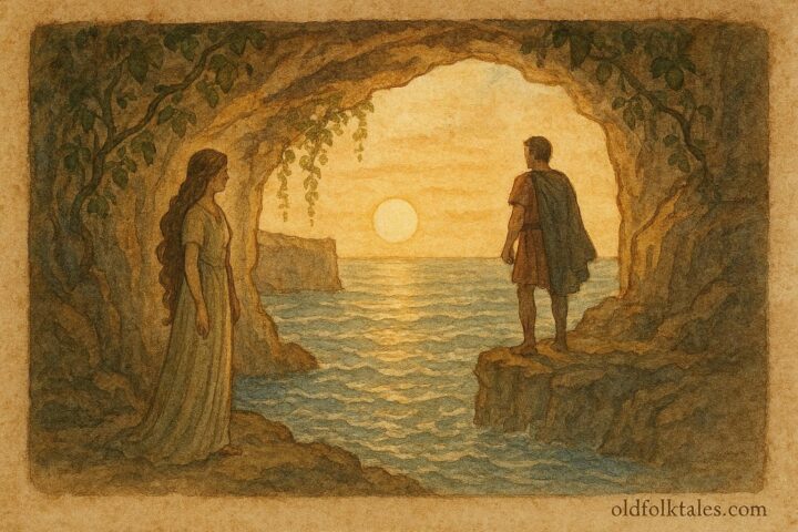 An illustration of Calypso and Odysseus in a Maltese sea cave.