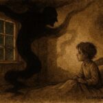 An llustration of child facing shadowy El Coco in Spanish folklore.