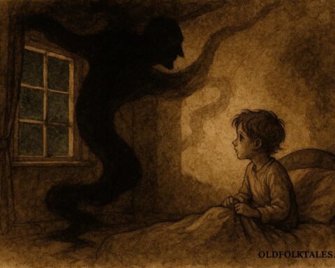 An llustration of child facing shadowy El Coco in Spanish folklore.