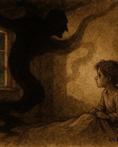 An llustration of child facing shadowy El Coco in Spanish folklore.