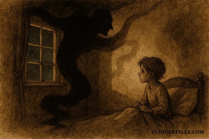 An llustration of child facing shadowy El Coco in Spanish folklore.