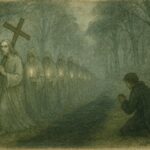 An illustration of ghostly procession in Galician forest, Spanish folklore.