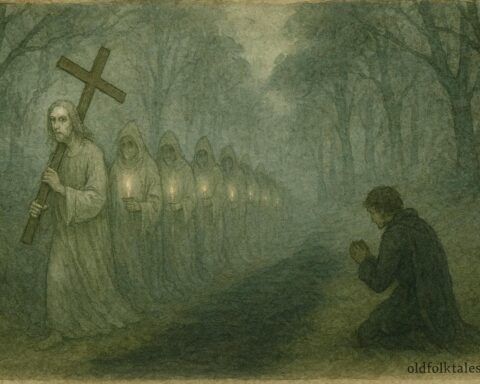An illustration of ghostly procession in Galician forest, Spanish folklore.