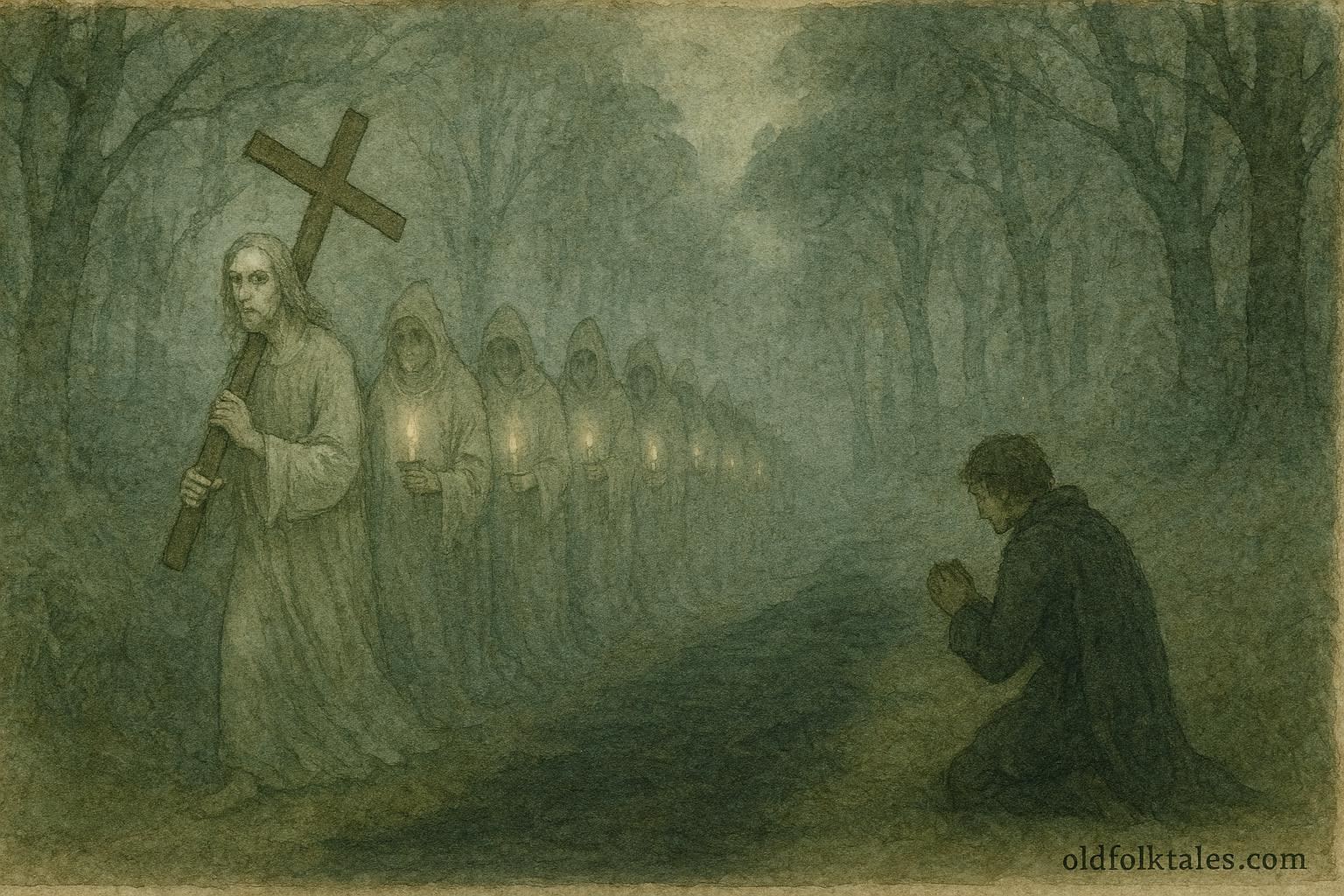 An illustration of ghostly procession in Galician forest, Spanish folklore.