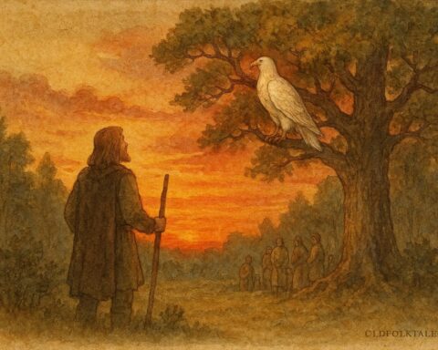 An artwork of Lech and white eagle at sunset, Polish folktale scene.