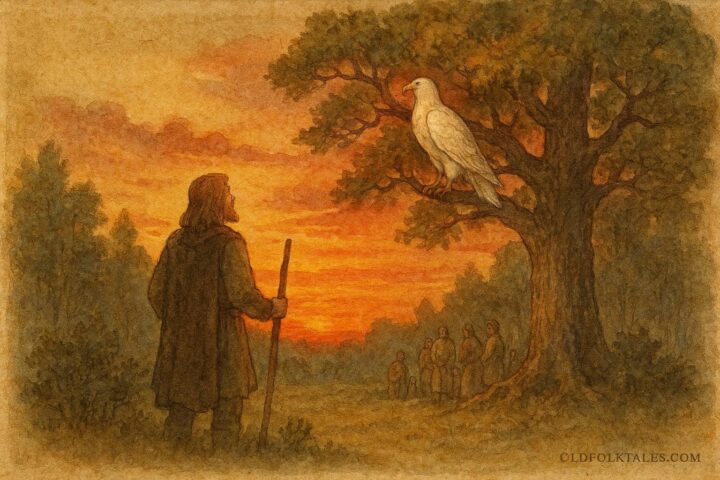 An artwork of Lech and white eagle at sunset, Polish folktale scene.