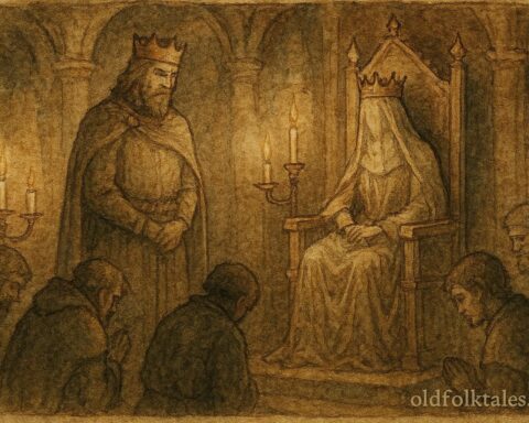 An illustration of Pedro honoring Inês as queen in Portuguese legend.