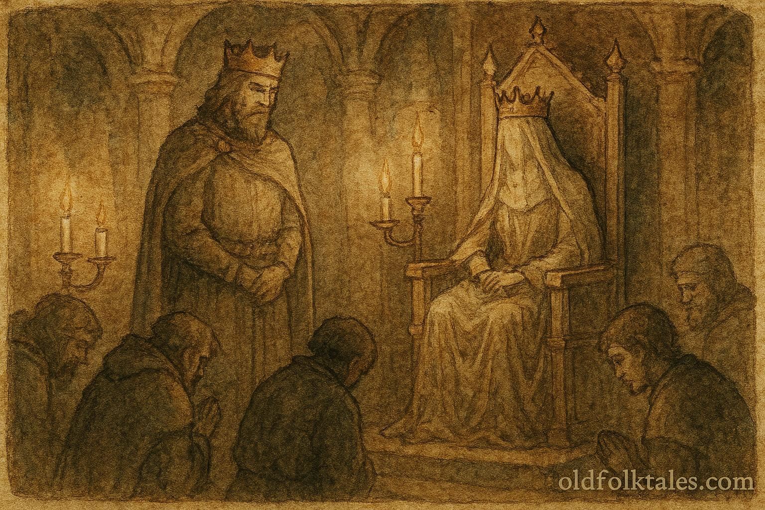 An illustration of Pedro honoring Inês as queen in Portuguese legend.