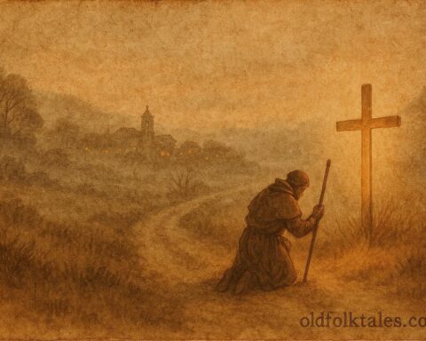 An illustration of lost pilgrim guided by cross, Portuguese Minho folktale scene.