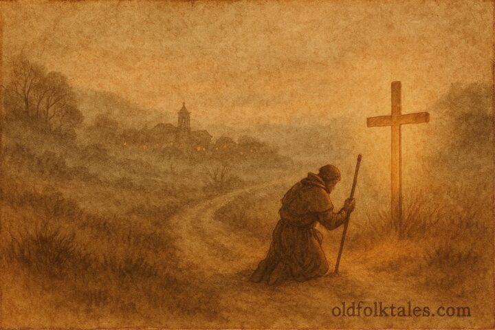 An illustration of lost pilgrim guided by cross, Portuguese Minho folktale scene.