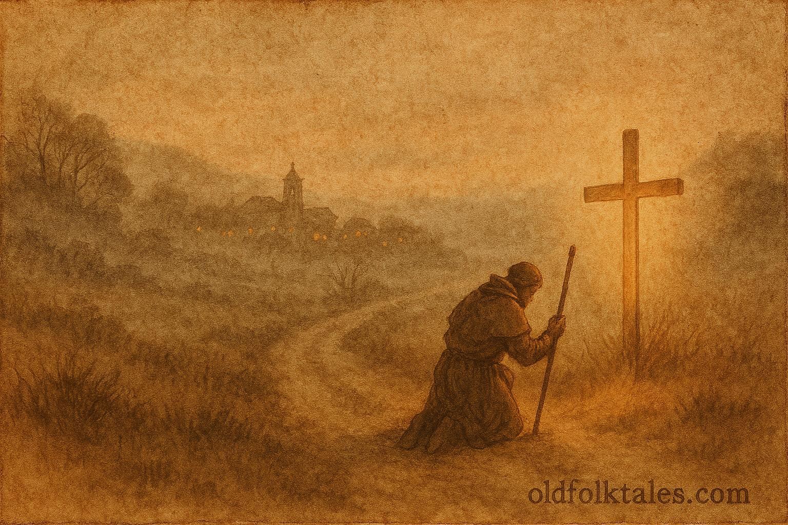 An illustration of lost pilgrim guided by cross, Portuguese Minho folktale scene.