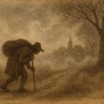 An illustration of traveler burdened by invisible Kludde, Flemish folklore.
