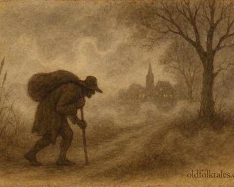 An illustration of traveler burdened by invisible Kludde, Flemish folklore.
