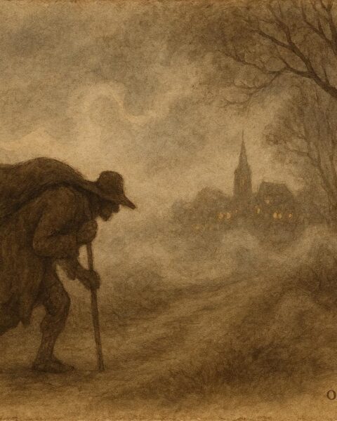 An illustration of traveler burdened by invisible Kludde, Flemish folklore.