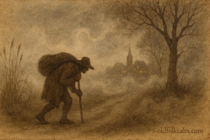 An illustration of traveler burdened by invisible Kludde, Flemish folklore.