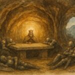 An illustration of sleeping emperor and knights in mountain cave, Alpine legend scene.