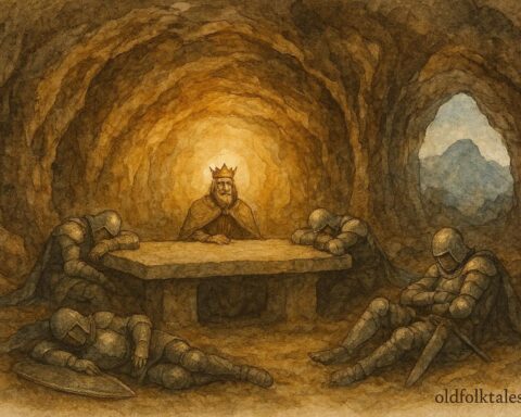 An illustration of sleeping emperor and knights in mountain cave, Alpine legend scene.