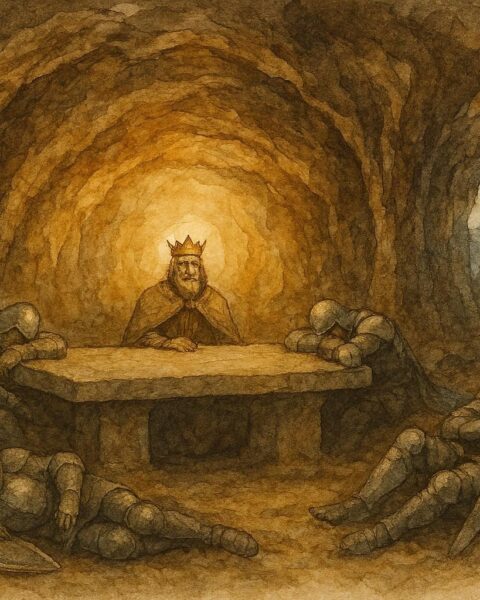 An illustration of sleeping emperor and knights in mountain cave, Alpine legend scene.