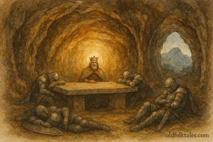 An illustration of sleeping emperor and knights in mountain cave, Alpine legend scene.