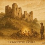 An illustration of Larochette Castle ruins with a glowing hidden crown in Luxembourg.