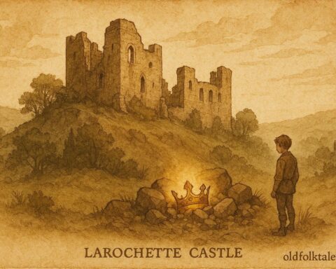 An illustration of Larochette Castle ruins with a glowing hidden crown in Luxembourg.
