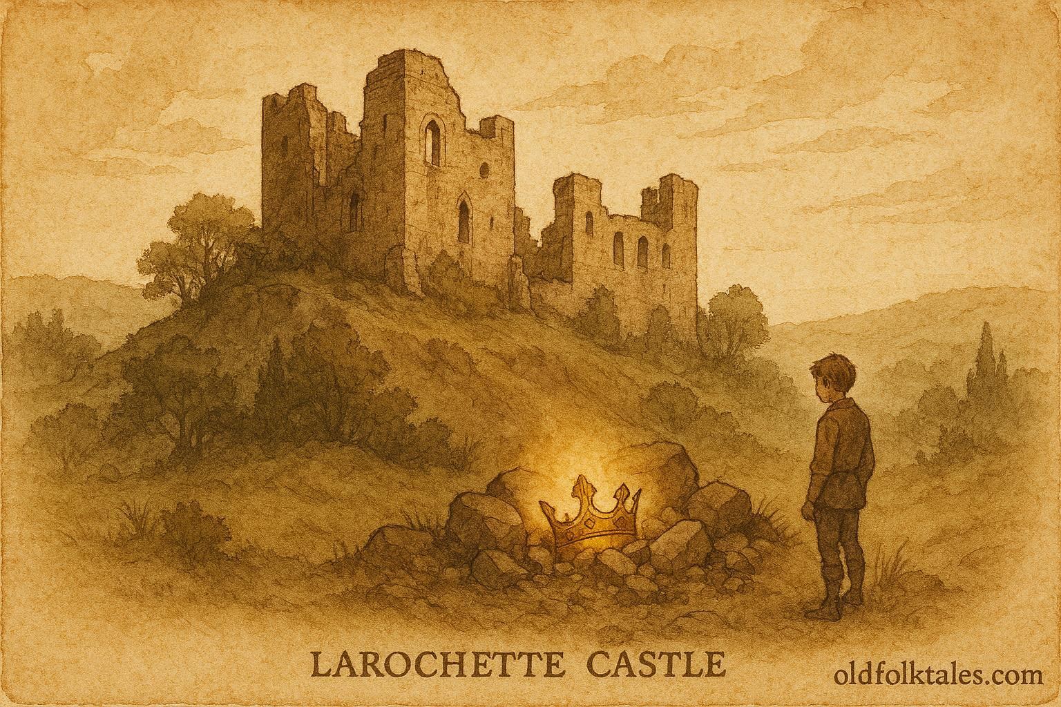 An illustration of Larochette Castle ruins with a glowing hidden crown in Luxembourg.