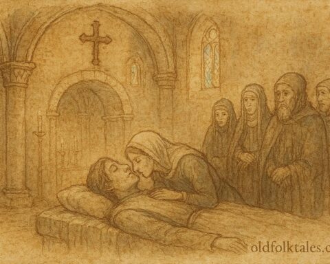 An illustration of Isabel kissing Diego at funeral, Spanish Teruel legend.