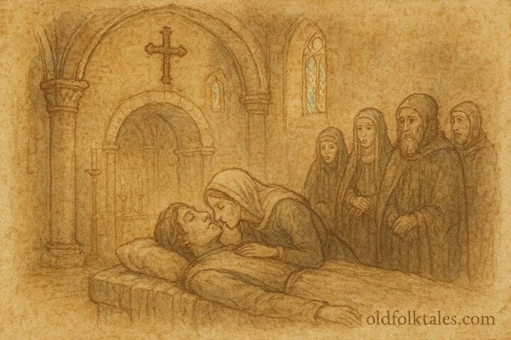 An illustration of Isabel kissing Diego at funeral, Spanish Teruel legend.