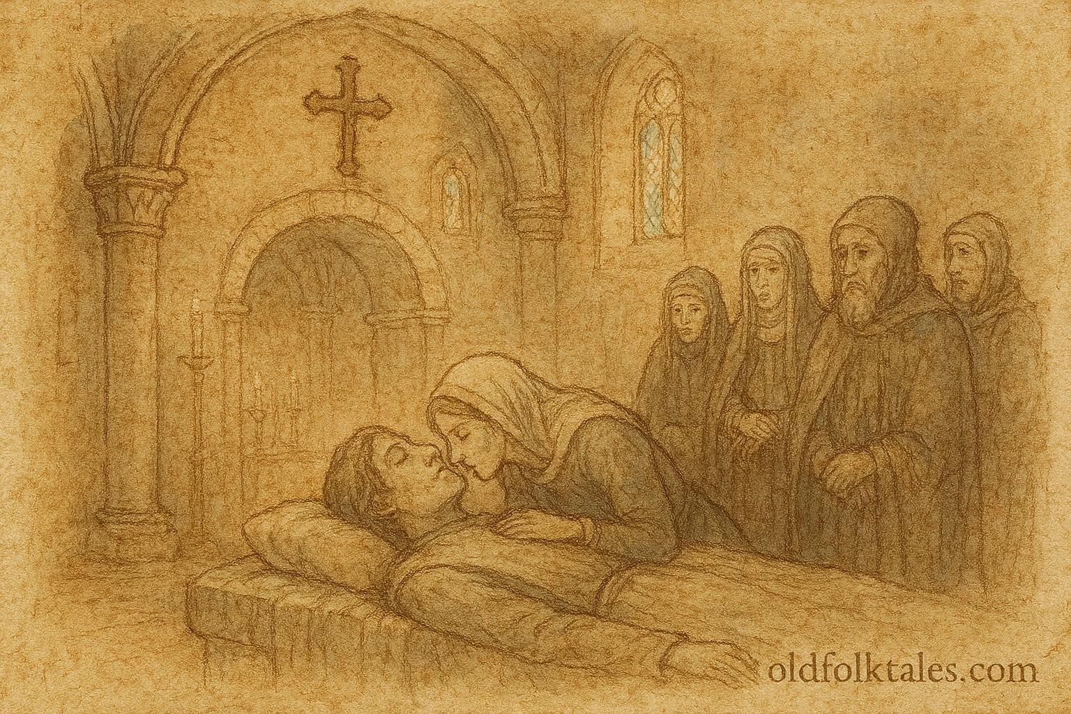 An illustration of Isabel kissing Diego at funeral, Spanish Teruel legend.