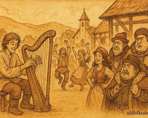 An illustration of Mihai playing a magical harp for villagers, Romanian folktale scene.