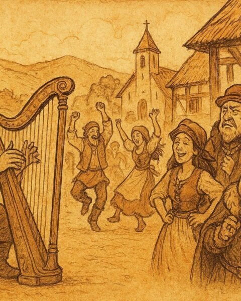 An illustration of Mihai playing a magical harp for villagers, Romanian folktale scene.