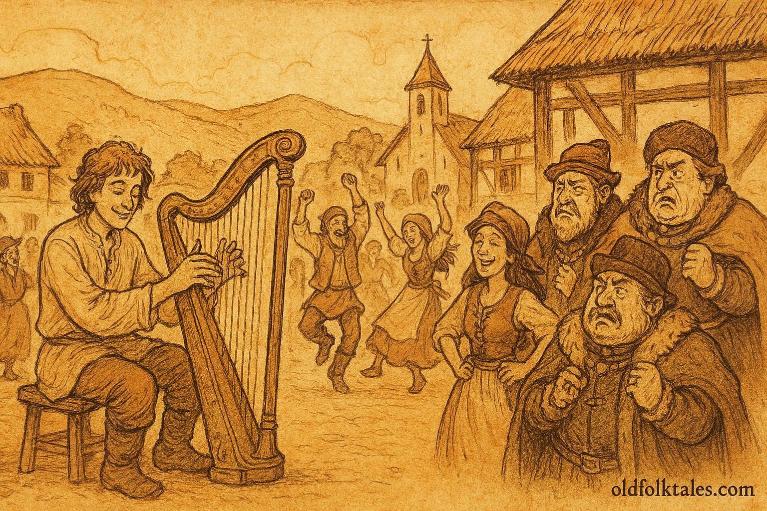 An illustration of Mihai playing a magical harp for villagers, Romanian folktale scene.