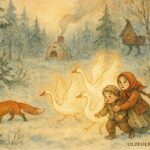 An illustration of a girl rescuing her brother from magical swan geese in a Russian forest.