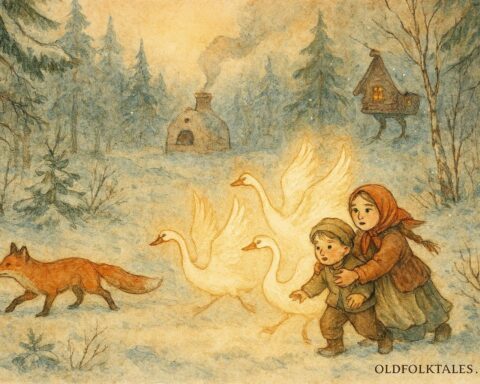An illustration of a girl rescuing her brother from magical swan geese in a Russian forest.