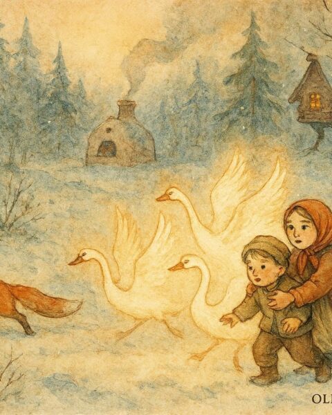 An illustration of a girl rescuing her brother from magical swan geese in a Russian forest.