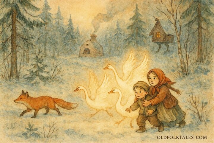 An illustration of a girl rescuing her brother from magical swan geese in a Russian forest.