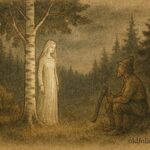 An illustration of birch tree maiden appearing to woodsman in Finnish forest folktale scene.