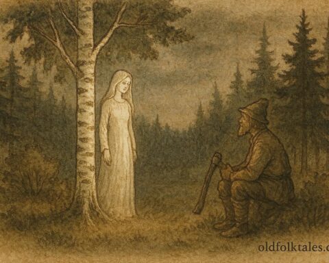An illustration of birch tree maiden appearing to woodsman in Finnish forest folktale scene.