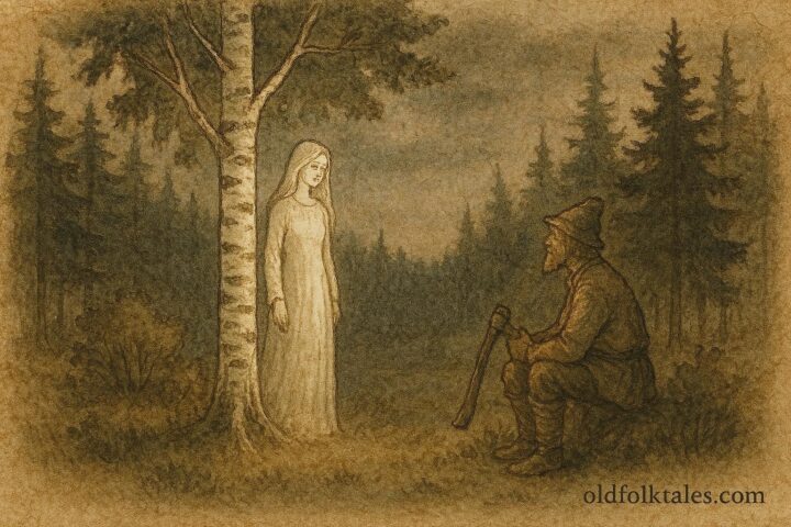 An illustration of birch tree maiden appearing to woodsman in Finnish forest folktale scene.
