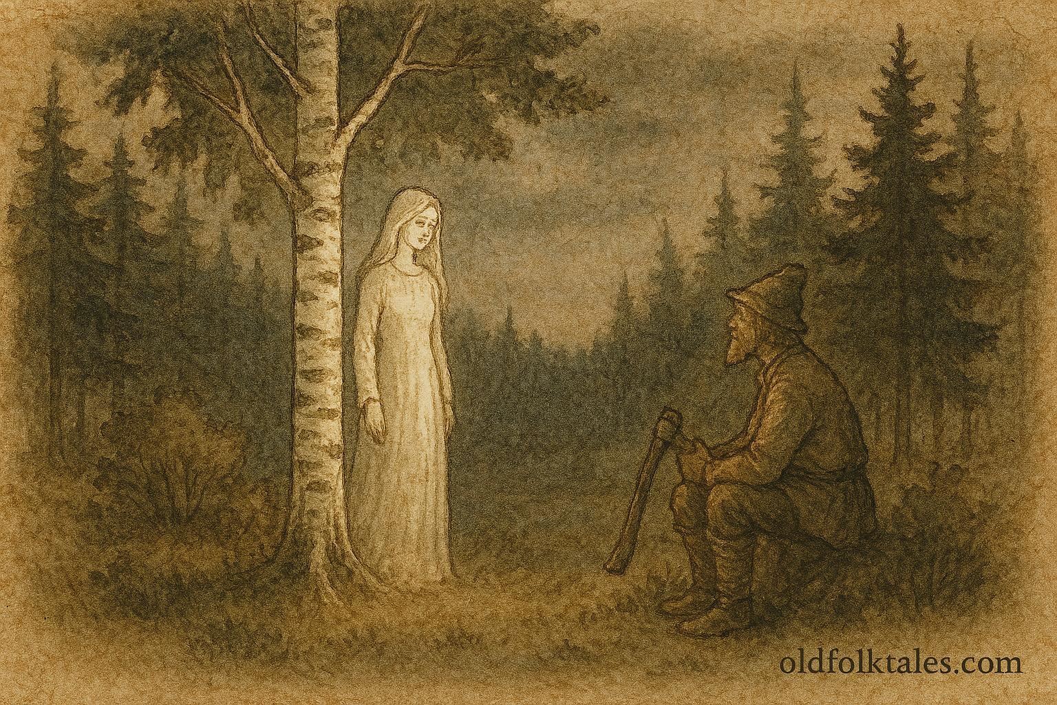 An illustration of birch tree maiden appearing to woodsman in Finnish forest folktale scene.