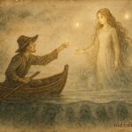 An illustration of fisherman and marsh spirit maiden in Belarusian болотo.